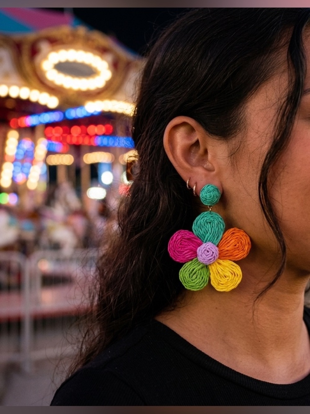 Colorful Floral Raffia Drop Earrings - Multi